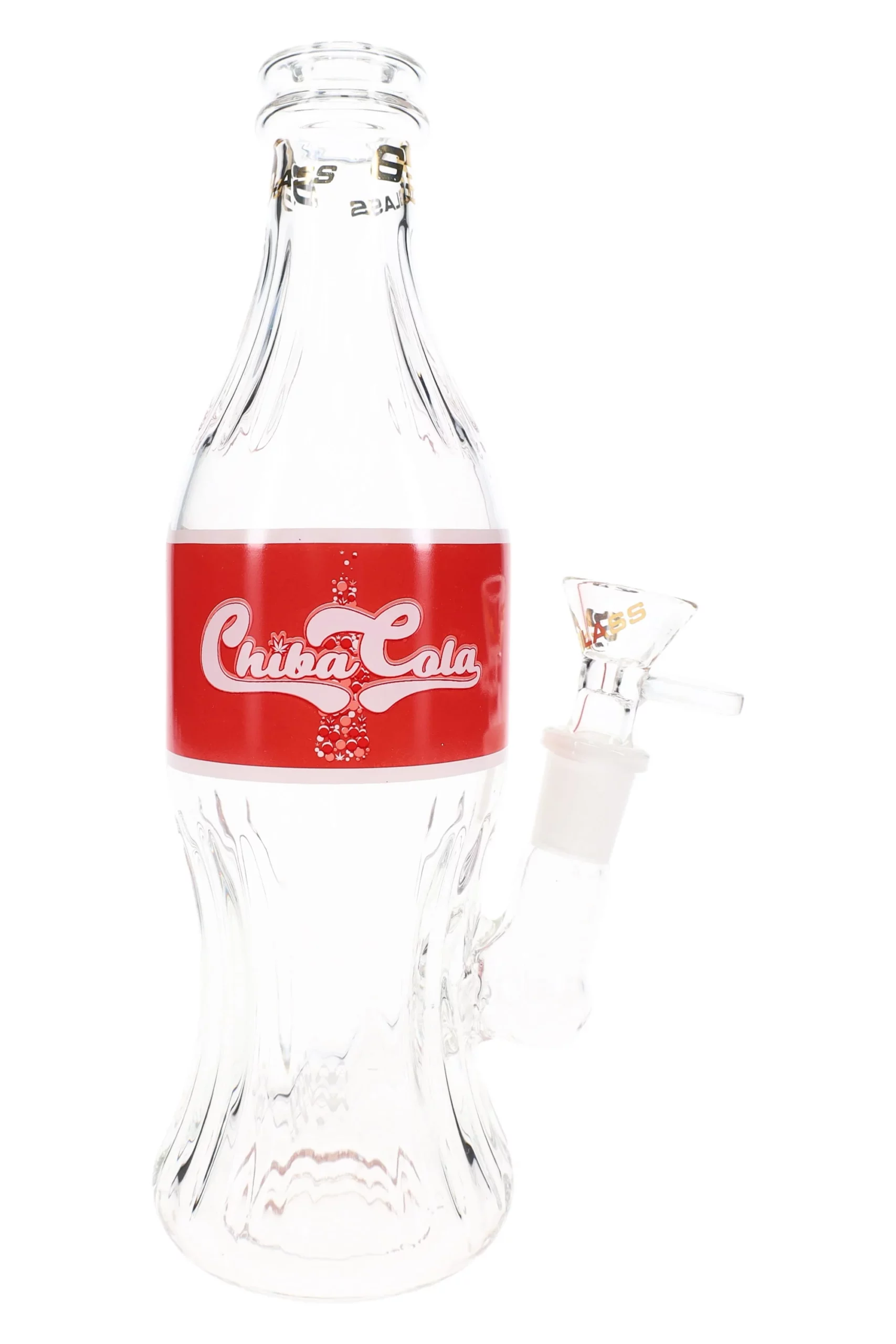 The Canna-Cola Mini Bubbler is a clear glass water pipe shaped like a classic soda bottle with a red label, featuring a bowl and downstem—a playful tribute to the iconic Canna-Cola style.