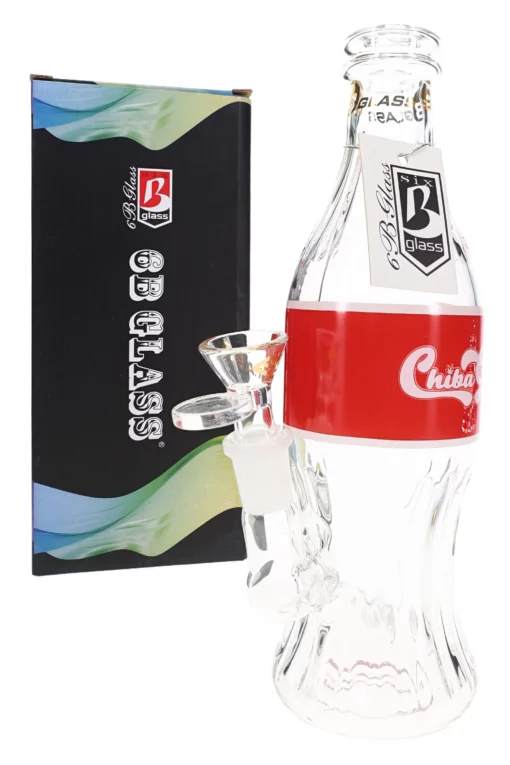 The Canna-Cola Mini Bubbler is a glass water pipe shaped like a soda bottle, featuring a red Chiba label and shown alongside colorful packaging labeled B Glass and B Glass O Glass.