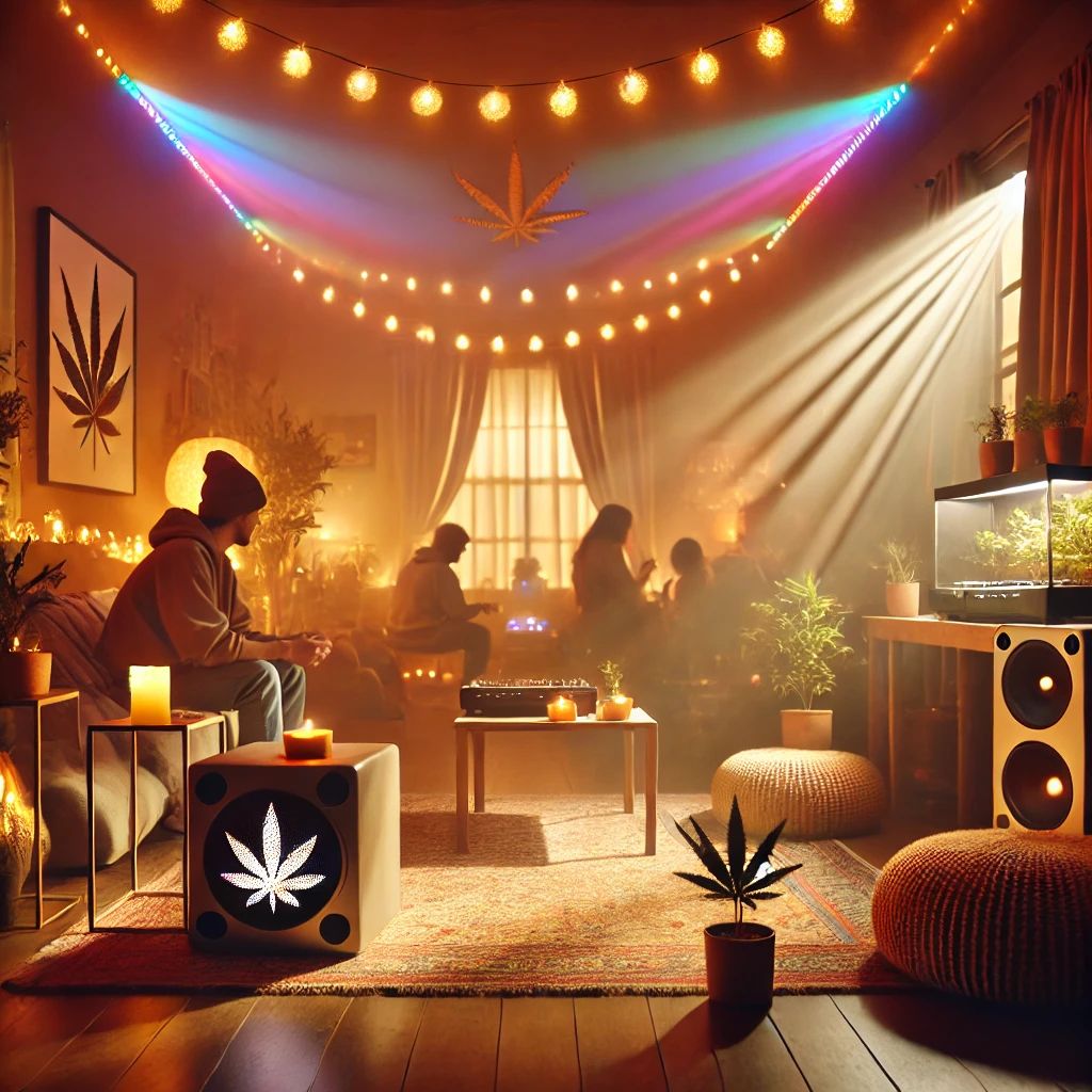 Ambient lighting and music for a 420 party