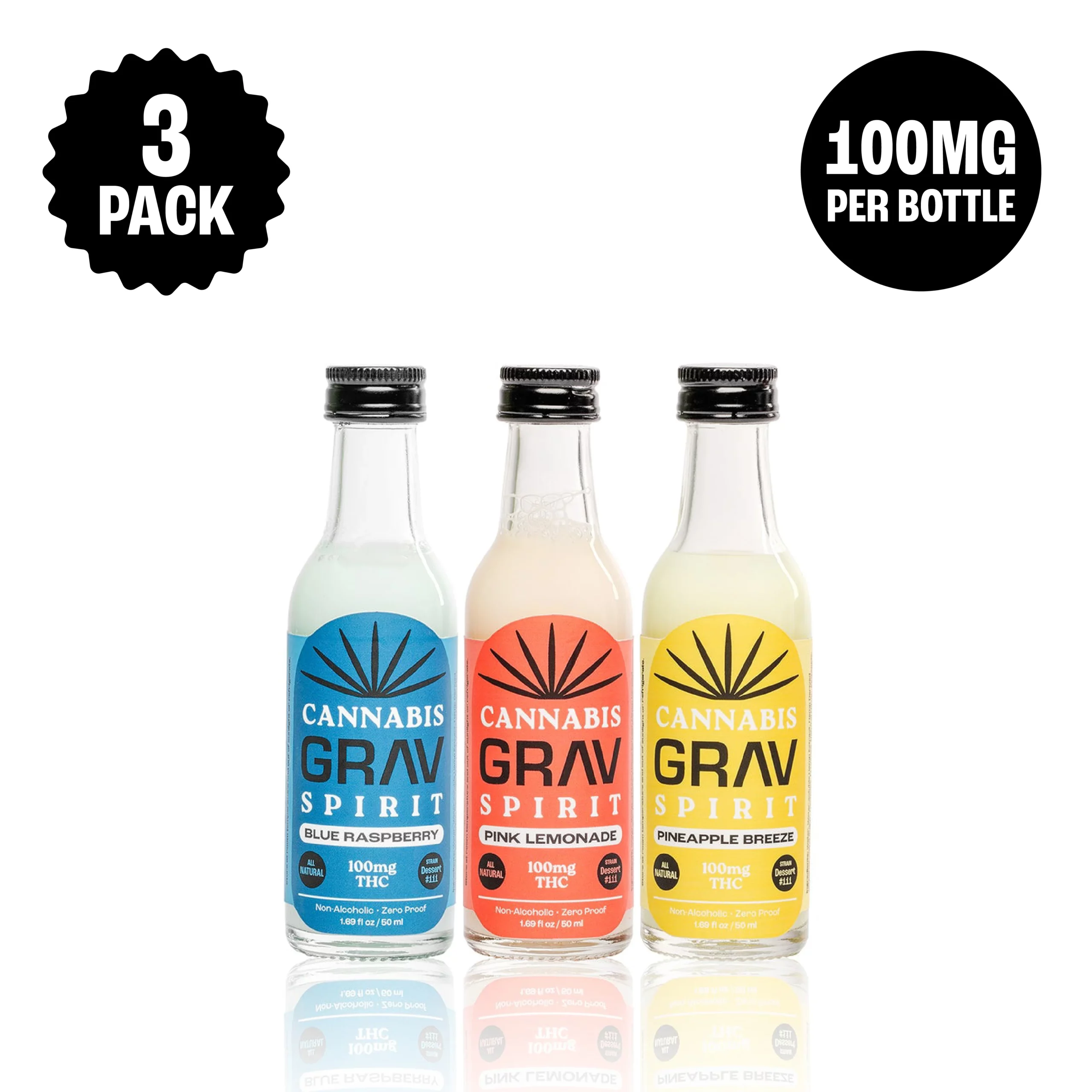 Three elegant 50ml bottles of GRAV® Cannabis Spirit Variety Pack showcasing sleek design and vibrant colors, perfect for cannabis enthusiasts.