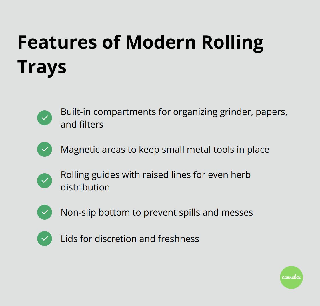 Checklist of features found in modern rolling trays, including built-in compartments, magnetic areas, rolling guides, non-slip bottoms, and lids. - rolling tray weed