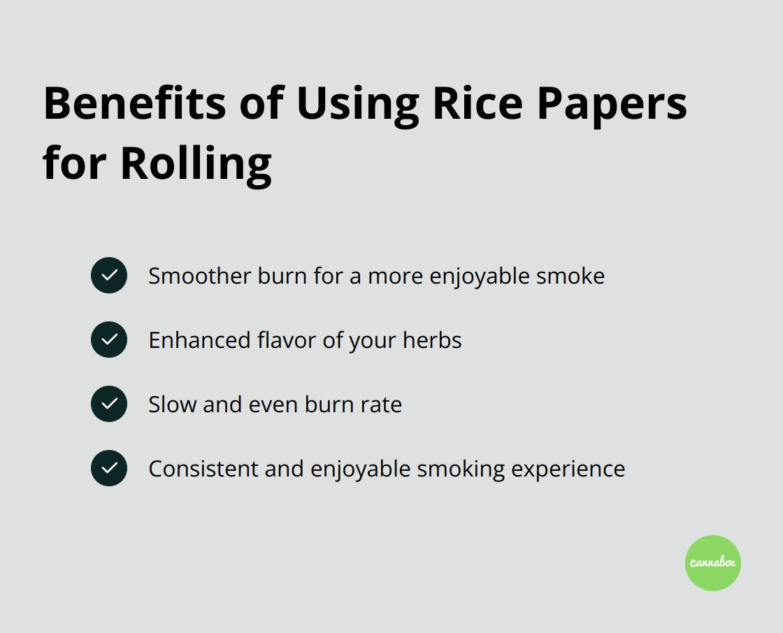 A checkmark list showing the benefits of using rice papers for rolling: smoother burn, enhanced flavor, slow and even burn rate, consistent smoking experience. - blazy susan