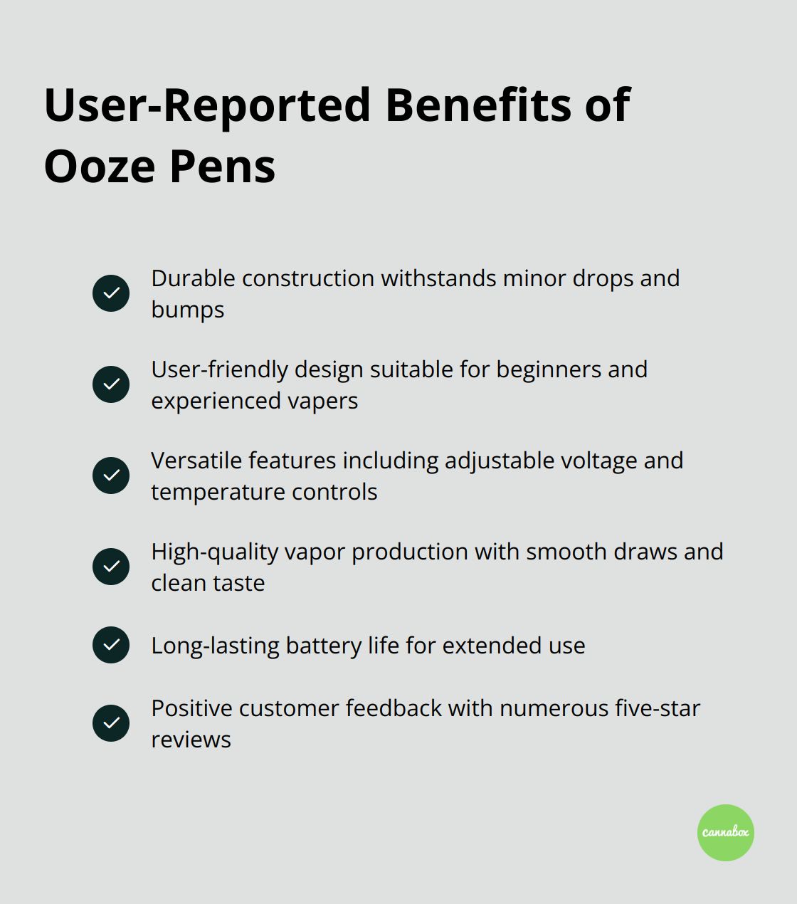 Checkmark list chart showing user-reported benefits of Ooze Pens: Durability, Ease of Use, Versatile Features, High-Quality Vapor, Long Battery Life, and Positive Customer Reviews
