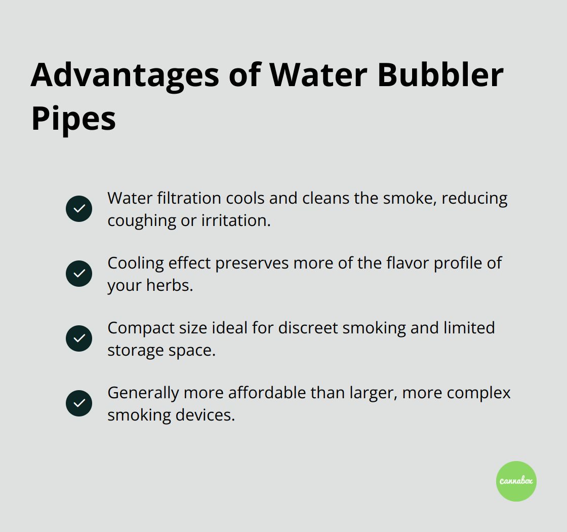 A chart listing four key advantages of water bubbler pipes: water filtration for cooler smoke, enhanced flavor preservation, compact and portable design, and affordability.