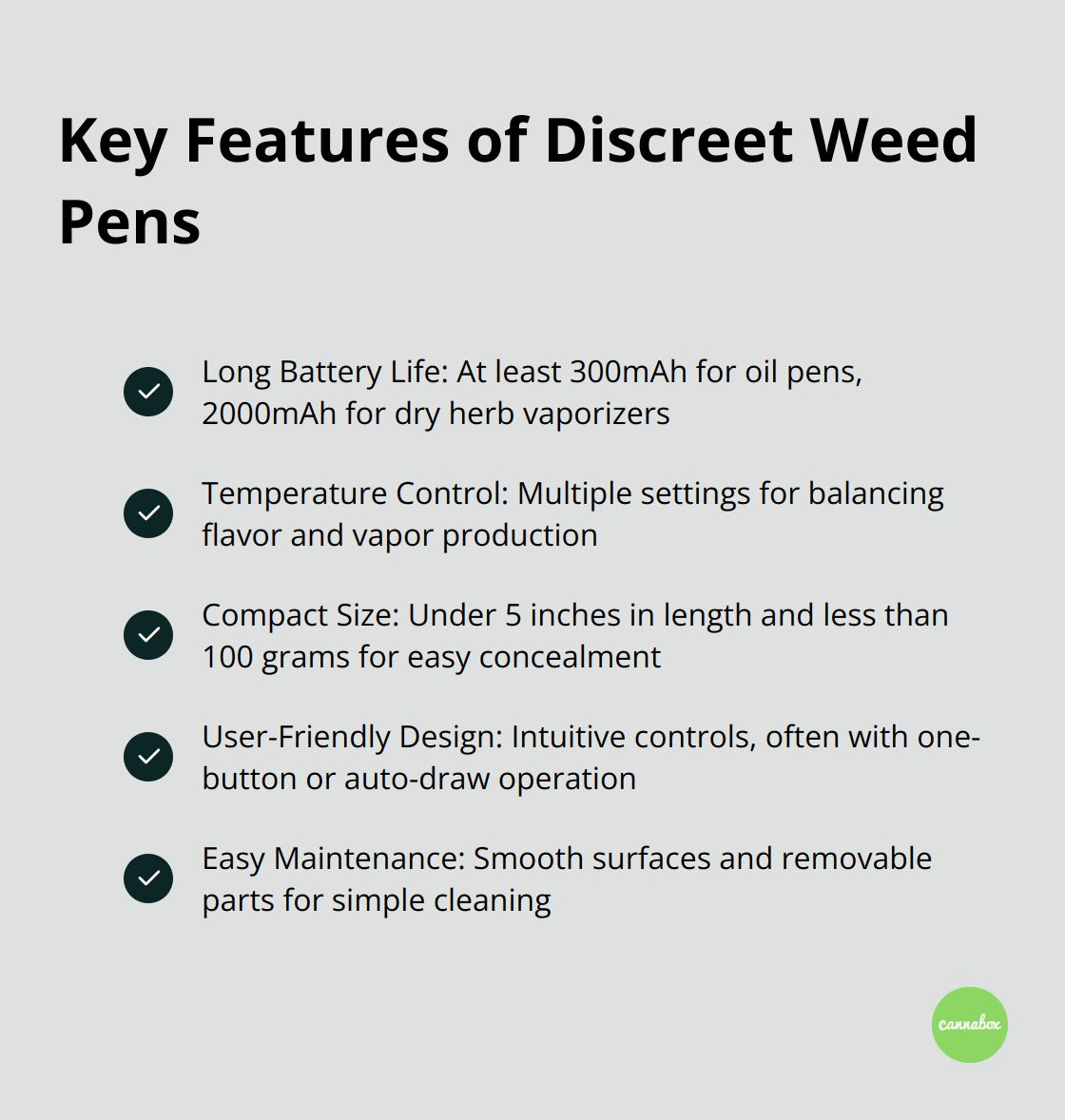 Checkmark list showing five key features of discreet weed pens: Battery Life, Temperature Control, Compact Size, User-Friendly Design, and Easy Maintenance.