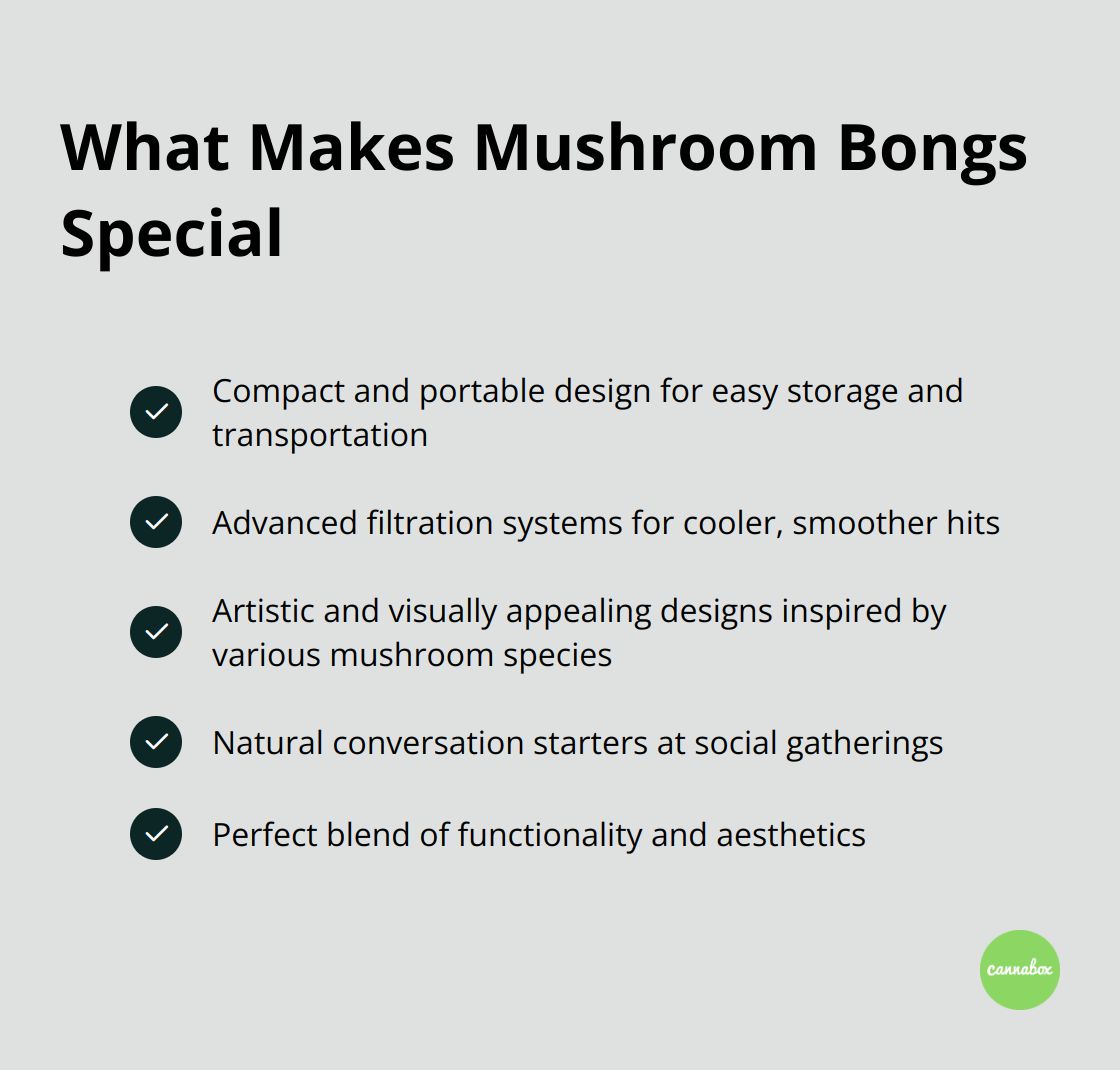 Checkmark list highlighting five special features of mushroom bongs: compact design, advanced filtration, artistic appeal, social catalyst, and blend of functionality and aesthetics.