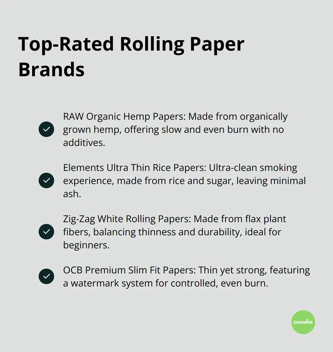 A checkmark list chart showing four top-rated rolling paper brands: RAW Organic Hemp Papers, Elements Ultra Thin Rice Papers, Zig-Zag White Rolling Papers, and OCB Premium Slim Fit Papers.