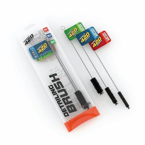 The Formula 420 Detailing Brush Set includes three brushes with black bristles and long metal handles, each featuring a colored 420 Accessories tag. The brushes are displayed both inside and outside their clear packaging.