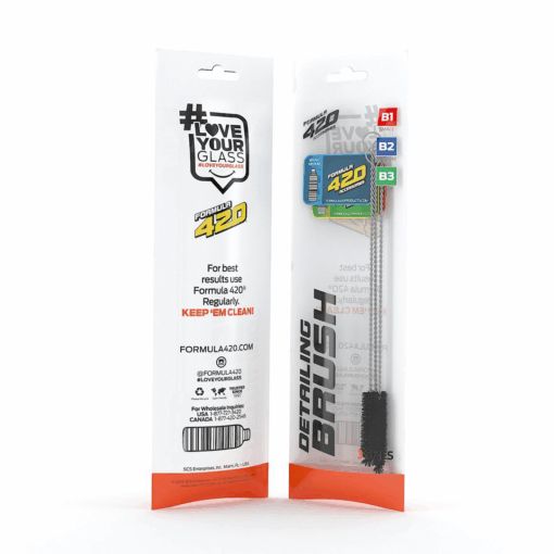 A packaged Formula 420 Detailing Brush Set, with the front showing three brushes and the product name, while the back displays usage instructions, branding, and social media handles.