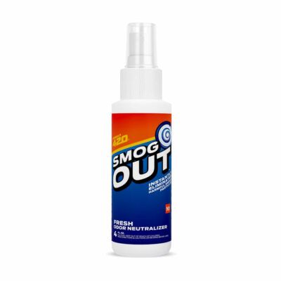 A white spray bottle labeled Formula 420 Smog Out Spray features blue and orange branding as a fresh odor neutralizer. The bottle has a clear cap and contains 4 fluid ounces.