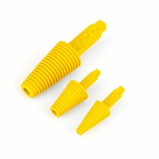Three yellow, cone-shaped Formula 420 Cleaning Plugs & Caps of different sizes with ribbed bodies and 420 embossed on the handles, arranged diagonally on a white background.