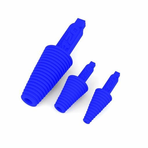 Three blue, ribbed, cone-shaped Formula 420 Cleaning Plugs & Caps in assorted sizes are arranged diagonally on a white background. Each plug features a handle with molded text.