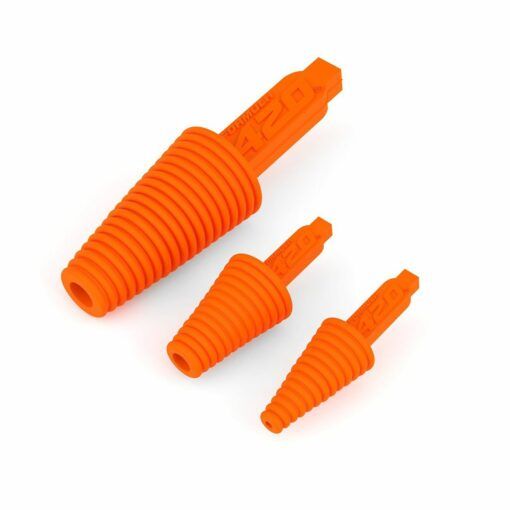 Three bright orange, ribbed, cone-shaped Formula 420 Cleaning Plugs & Caps in assorted sizes are arranged on a white background. Each plug has a flat handle with “420” and other markings.