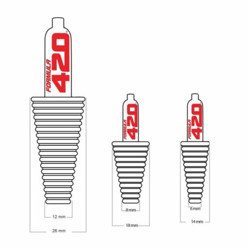 Diagram showing three sizes of Formula 420 Cleaning Plugs & Caps with base widths of 26 mm, 18 mm, and 14 mm, and top widths of 12 mm, 8 mm, and 6 mm. Each plug features 420 text.