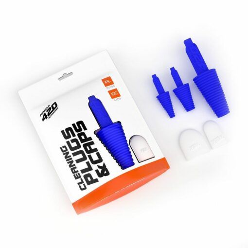The Formula 420 Cleaning Plugs & Caps set includes three blue ribbed plugs in assorted sizes and two white caps, displayed beside white and orange packaging labeled Cleaning Plugs & Caps featuring the Formula 420 brand.