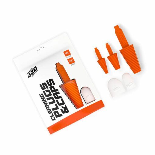 A package labeled Formula 420 Cleaning Plugs & Caps is shown on a white background with three orange ribbed plugs and two white caps displayed beside it.