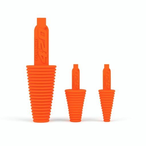 Three orange, ribbed, cone-shaped Formula 420 Cleaning Plugs of different sizes stand upright in a row on a white background. Each has a flat top with embossed text and a rectangular pull tab.