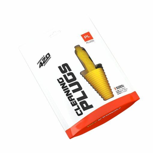 A white and orange Formula 420 Cleaning Plugs box, tilted slightly right, shows a yellow ribbed plug image and notes that 3 sizes are included.