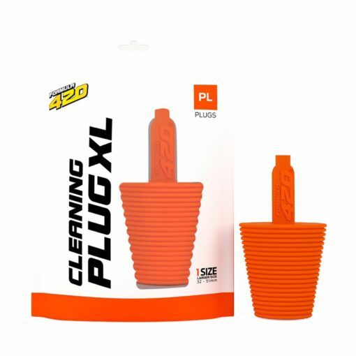 An orange ribbed Formula 420 Cleaning Plug is shown beside its white and orange packaging labeled Cleaning Plug XL, indicating a fit for sizes 35–45mm.