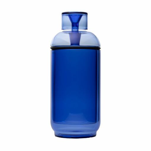 The NWTN Home Vesper Gravity Pipe features a tall, translucent blue glass bottle with a rounded body, narrow neck, and matching blue cap. Its simple, modern design stands out against a white background.