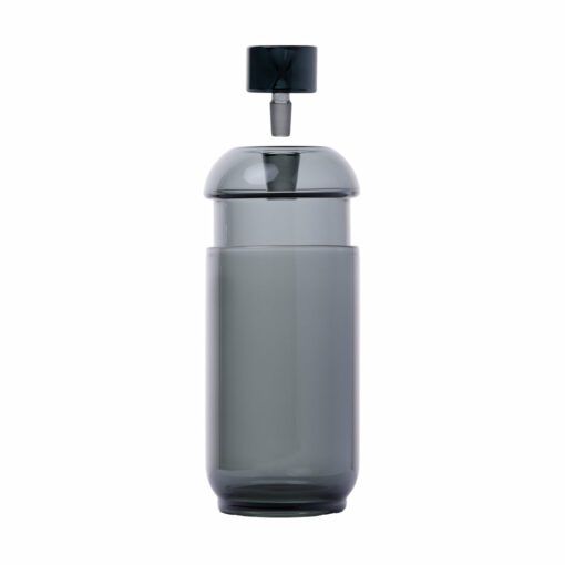 The NWTN Home Vesper Gravity Pipe features a translucent dark grey glass bottle with a rounded cap that appears to float above the short spout. Its modern, minimalist design offers both style and function.