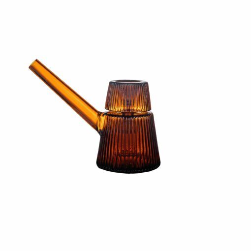 The NWTN Home Deco Bubbler features a modern, ribbed amber glass vessel with a long angled spout and an inverted cup on top, displayed against a white background.