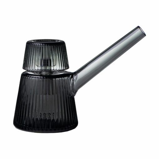 The NWTN Home Deco Bubbler features a modern, minimalist design with ribbed dark translucent glass, a matching lid, and a long angled spout. Sleek and elegant, it’s photographed on a white background.