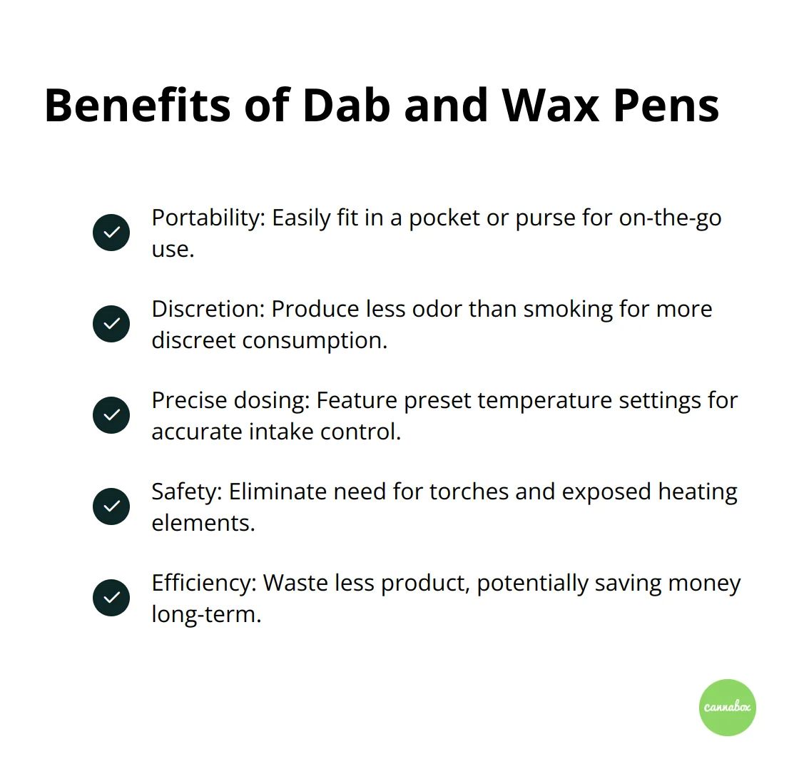 Checklist of benefits offered by dab and wax pens: portability, discretion, precise dosing, safety, and efficiency.
