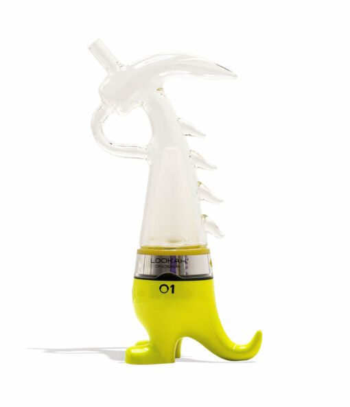 The Lookah Dinosaur Electronic Dab Rig features a transparent glass dragon with spiked back, standing upright on a vivid yellow base shaped like feet and tail, making it an eye-catching piece against any background.