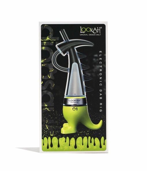 A box showcases the Lookah Dinosaur Electronic Dab Rig, featuring a green dinosaur design with silver spikes and a black mouthpiece, set against a black background with green drips and bold branding.