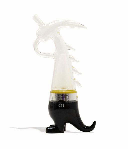 A Lookah Dinosaur Electronic Dab Rig, shaped like a whimsical creature with a long snout, curved horn, and black feet, stands upright on a white background.