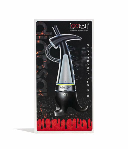 The Lookah Dinosaur Electronic Dab Rig box displays the black, uniquely curved device, features red drip graphics along the bottom, and includes the text Lookah Original Design Only and Electronic Dab Rig.