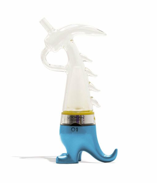 The Lookah Dinosaur Electronic Dab Rig is a whimsical glass pipe with a clear upper body, spiky back, and a shiny blue base for the feet and tail, standing upright against a white background.