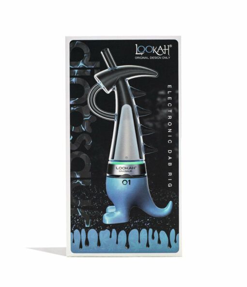 Box packaging for the Lookah Dinosaur Electronic Dab Rig showcases a futuristic, dinosaur-inspired design and product image. Sleek text lines the sides with glossy drip accents highlighting the bottom of the background.