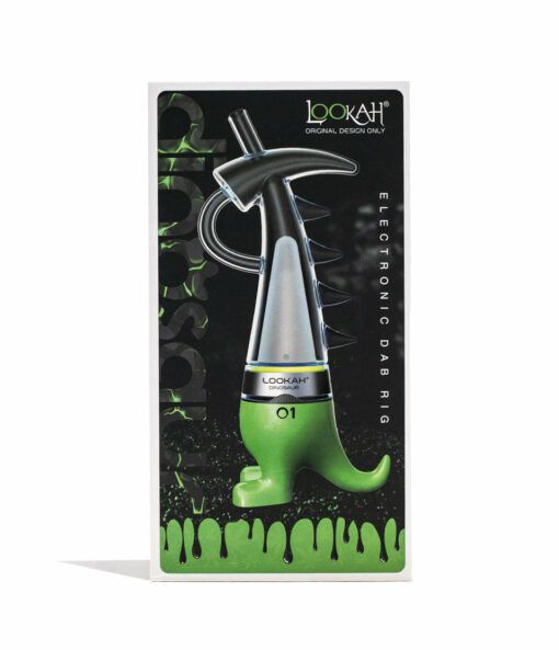 A product box featuring the Lookah Dinosaur Electronic Dab Rig with a futuristic green and black design, spiked details, and ELECTRONIC DAB RIG text on the right. The bold black background has striking green dripping accents.