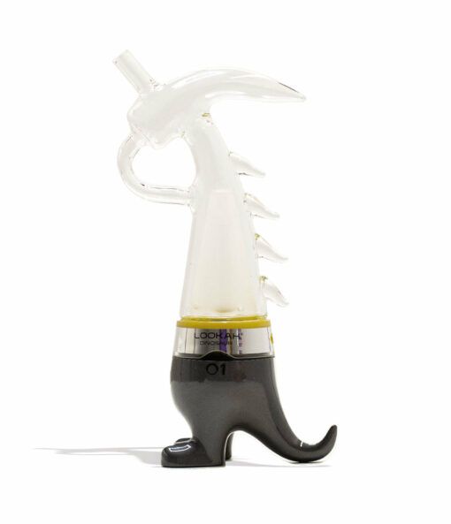 The Lookah Dinosaur Electronic Dab Rig is a glass dab rig shaped like a playful dragon, featuring clear glass spikes, a curved tail, and a black base resembling feet.