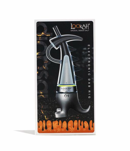Box packaging for the Lookah Dinosaur Electronic Dab Rig showcases a spiked, metallic device with bold branding and striking orange flame graphics along the bottom edge.