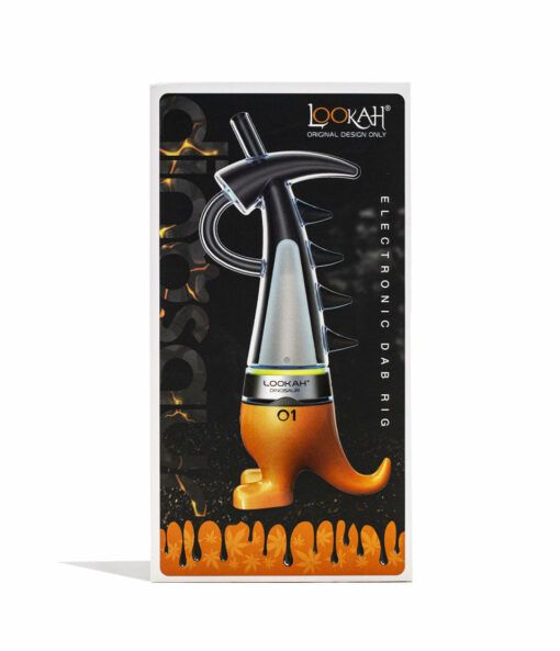 A product box for the Lookah Dinosaur Electronic Dab Rig features an image of the orange and black spiked device, inspired by a dinosaur, with the Lookah logo and product name displayed on a white background.