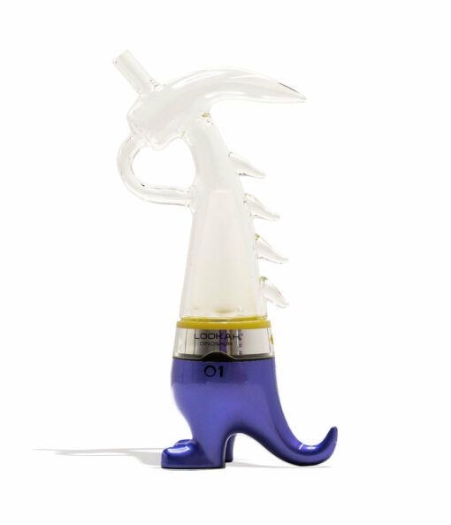 The Lookah Dinosaur Electronic Dab Rig is a whimsical glass sculpture with a transparent upper body, white spines, shiny blue clawed feet, and a top opening—perfect for adding unique style to your collection.