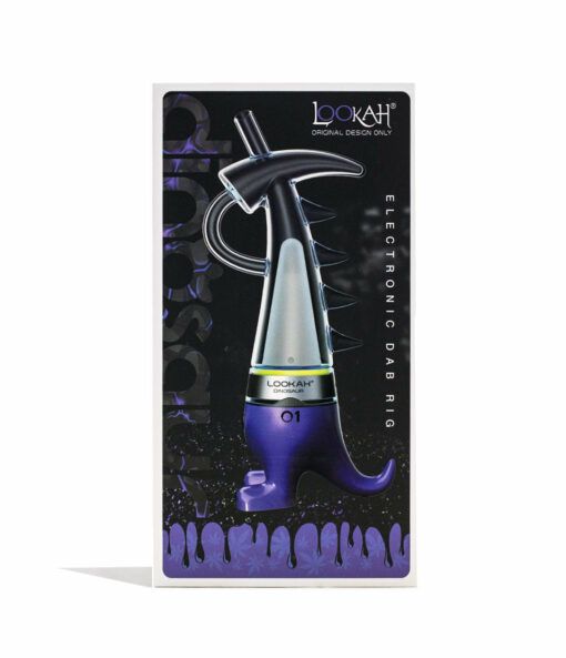 A sleek, purple and silver Lookah Dinosaur Electronic Dab Rig box with Electronic Dab Rig written vertically on the right and a bold, artistic background design.
