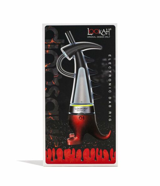 A product box displays the Lookah Dinosaur Electronic Dab Rig. The black and red device features a futuristic design, with dark graphics and red liquid dripping along the bottom edge, creating a bold look for this advanced dab rig.