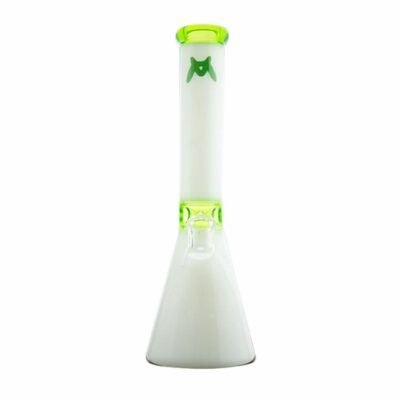 The MAV 13.5 Mini Zebra Beaker Water Pipe features a beaker-style glass design with a frosted white body and translucent green accents on the mouthpiece and top edge, displayed upright against a plain white background.
