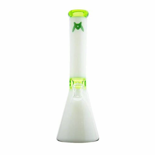 The MAV 13.5 Mini Zebra Beaker Water Pipe features a beaker-style glass design with a frosted white body and translucent green accents on the mouthpiece and top edge, displayed upright against a plain white background.