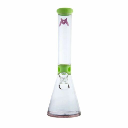 The MAV 13.5 Mini Zebra Beaker Water Pipe features a clear beaker-style design with a wide base, cylindrical neck, green accents on the mouthpiece and base, plus a small purple MAV logo near the top for stylish and smooth functionality.