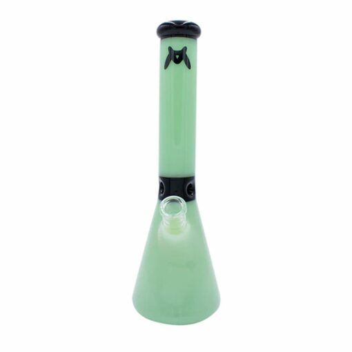 The MAV 13.5 Mini Zebra Beaker Water Pipe is translucent light green with a beaker base, straight neck, and a small black zebra design near the top. The downstem opening is visible at the front.