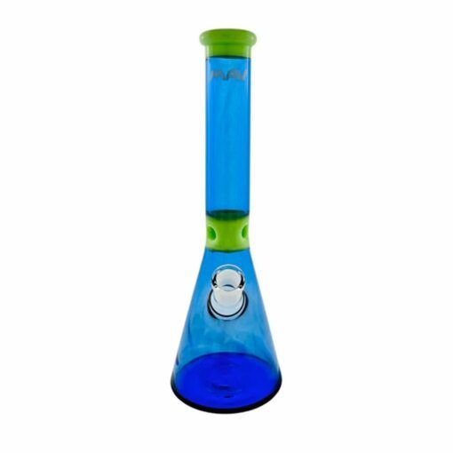 The MAV 13.5 Mini Zebra Beaker Water Pipe features blue glass with a green-rimmed mouthpiece, green accent near the neck, clear glass bowl, and a wide stable base designed for smooth sessions.