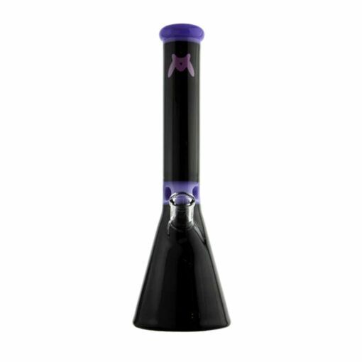 The MAV 13.5 Mini Zebra Beaker Water Pipe is black with purple accents on the mouthpiece and neck, and features a small pink design on the front.
