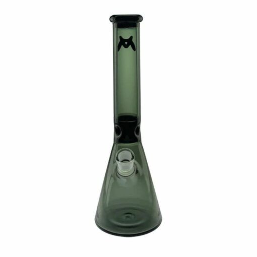 The MAV 13.5 Mini Zebra Beaker Water Pipe is made of translucent gray glass and features a wide base, straight neck, and a small black graphic near the top that resembles an owls face.