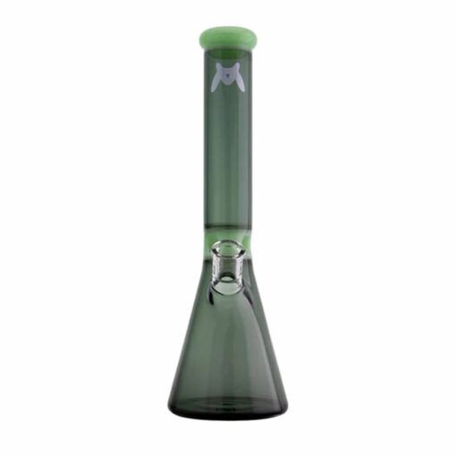 The MAV 13.5 Mini Zebra Beaker Water Pipe features translucent green glass, a wide base, straight neck, small logo near the mouthpiece, and includes a handy bowl attachment on the front.