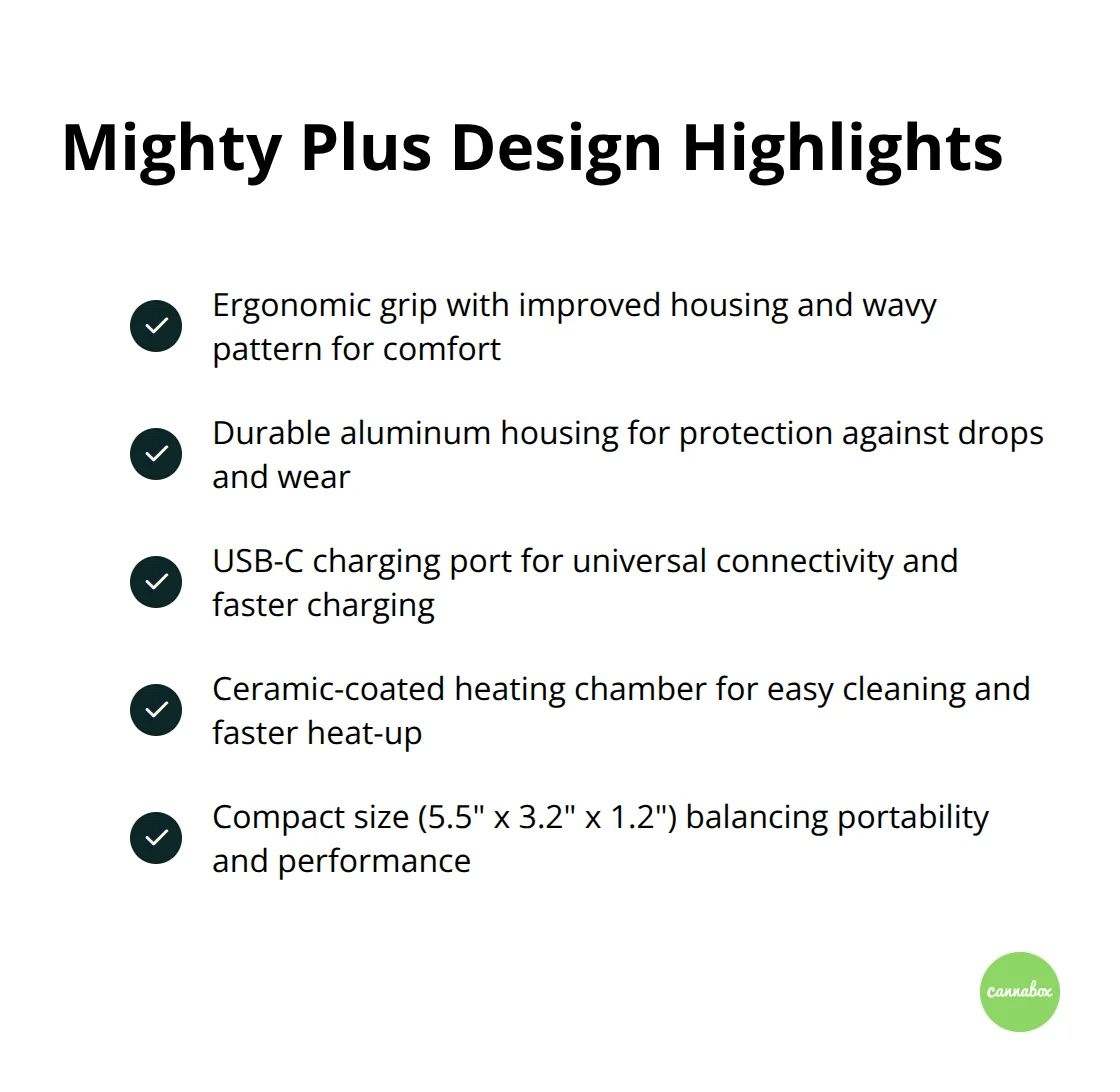 Checkmark list of key design features of the Storz & Bickel Mighty Plus vaporizer - storz and bickel mighty plus